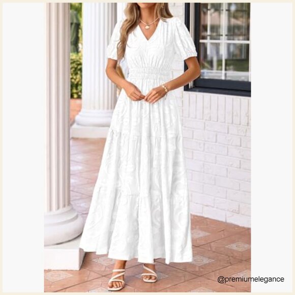 Boho Flowy Maxi Dress V-Neck Short Sleeves Elastic Waist Pockets - Picture 6 of 7